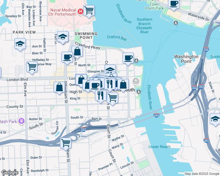 map of restaurants, bars, coffee shops, grocery stores, and more near 340 High Street in Portsmouth