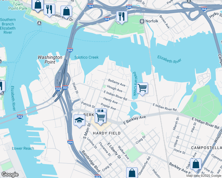 map of restaurants, bars, coffee shops, grocery stores, and more near 131 Hough Avenue in Norfolk