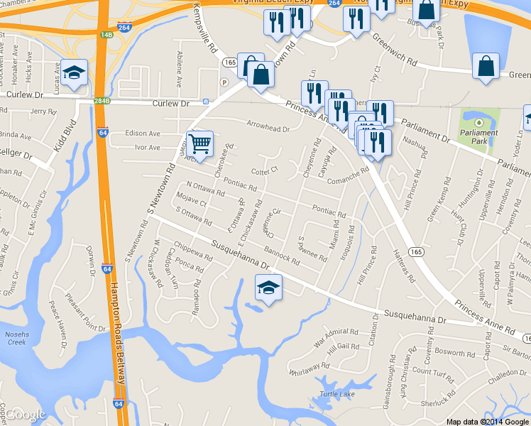 map of restaurants, bars, coffee shops, grocery stores, and more near 5724 Cheyenne Circle in Virginia Beach