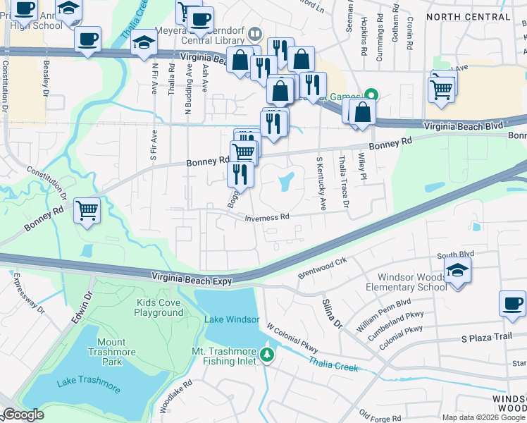map of restaurants, bars, coffee shops, grocery stores, and more near 150 Thames Drive in Virginia Beach
