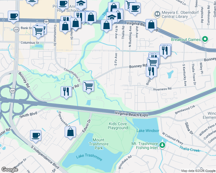 map of restaurants, bars, coffee shops, grocery stores, and more near 4357 Bonney Road in Virginia Beach