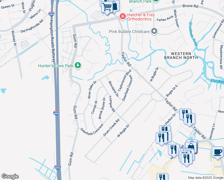 map of restaurants, bars, coffee shops, grocery stores, and more near 3125 Biscayne Dr in Chesapeake