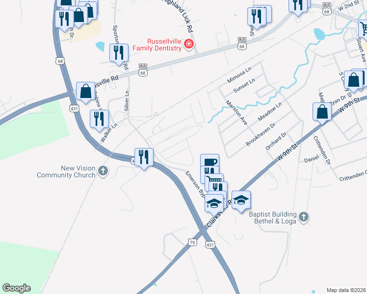 map of restaurants, bars, coffee shops, grocery stores, and more near 272 Emerson Bypass Road in Russellville