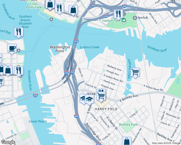 map of restaurants, bars, coffee shops, grocery stores, and more near 411 Clifton Street in Norfolk