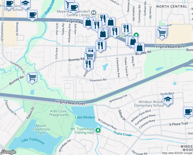 map of restaurants, bars, coffee shops, grocery stores, and more near 150 Thames Drive in Virginia Beach