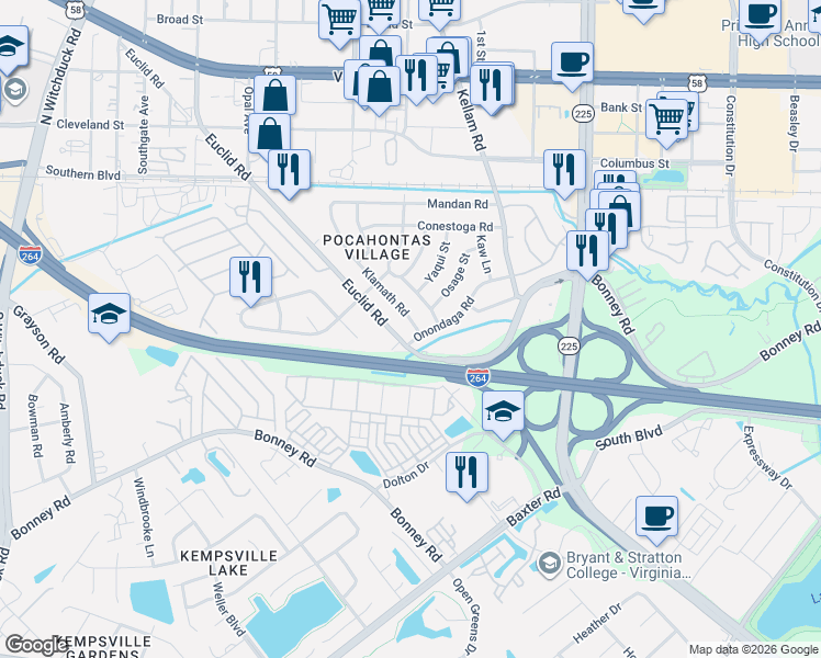 map of restaurants, bars, coffee shops, grocery stores, and more near 152 Onondaga Road in Virginia Beach