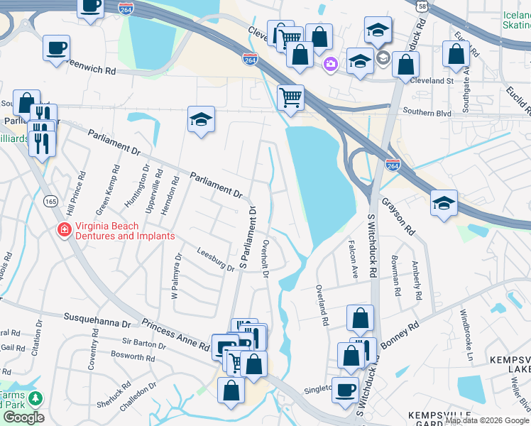 map of restaurants, bars, coffee shops, grocery stores, and more near 208 South Parliament Drive in Virginia Beach