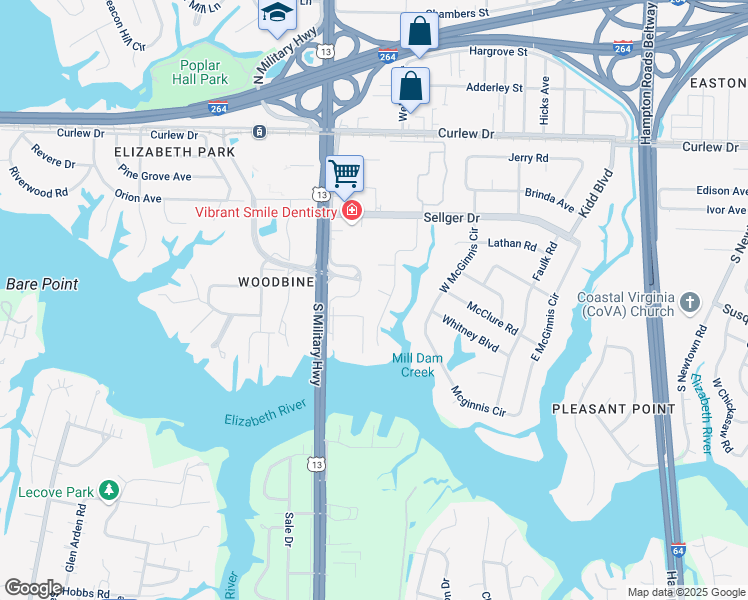 map of restaurants, bars, coffee shops, grocery stores, and more near 322 Pefley Drive in Norfolk