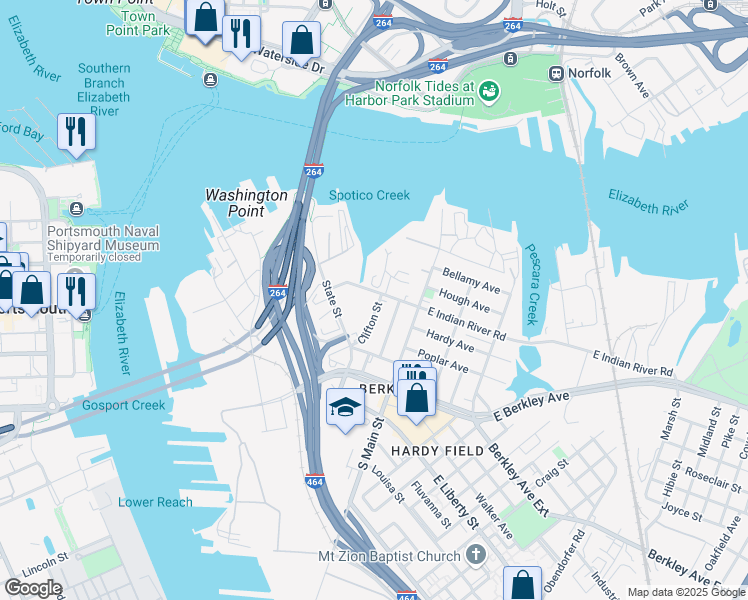 map of restaurants, bars, coffee shops, grocery stores, and more near 411 Clifton Street in Norfolk