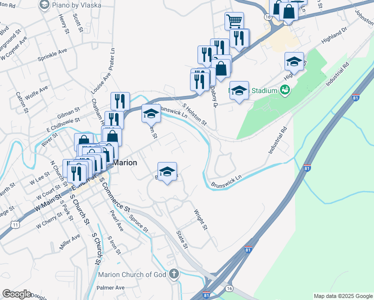 map of restaurants, bars, coffee shops, grocery stores, and more near 212 Locust Street in Marion