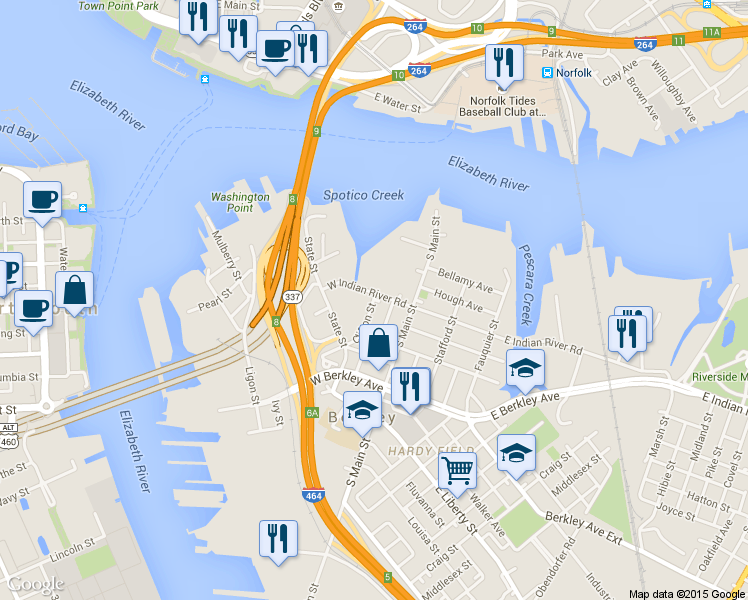 map of restaurants, bars, coffee shops, grocery stores, and more near 411 Clifton St in Norfolk