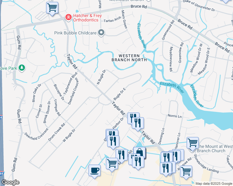 map of restaurants, bars, coffee shops, grocery stores, and more near 2365 West Bugle Drive in Chesapeake