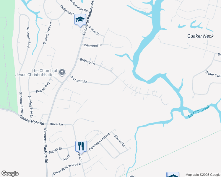 map of restaurants, bars, coffee shops, grocery stores, and more near 120 Foxcroft Road in Suffolk