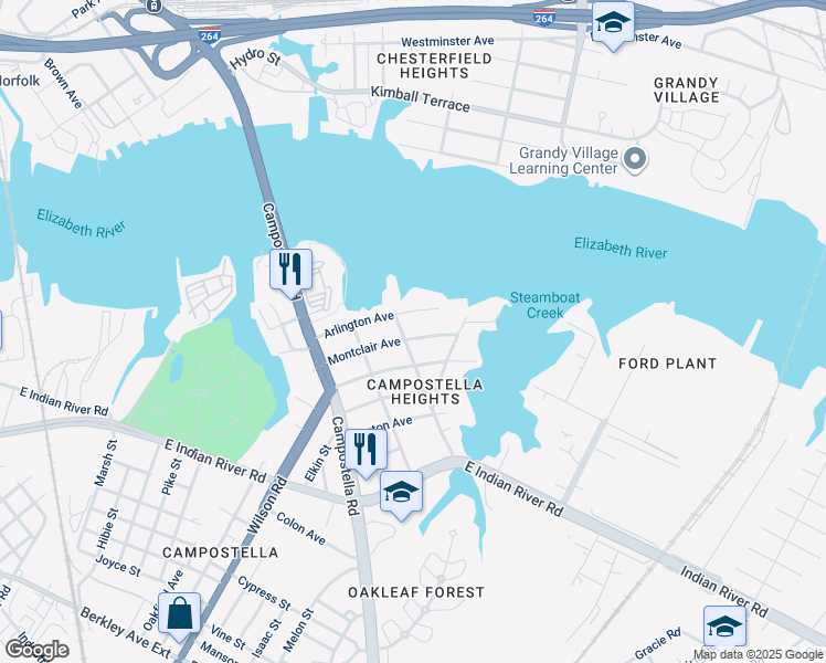 map of restaurants, bars, coffee shops, grocery stores, and more near 1904 Montclair Avenue in Norfolk