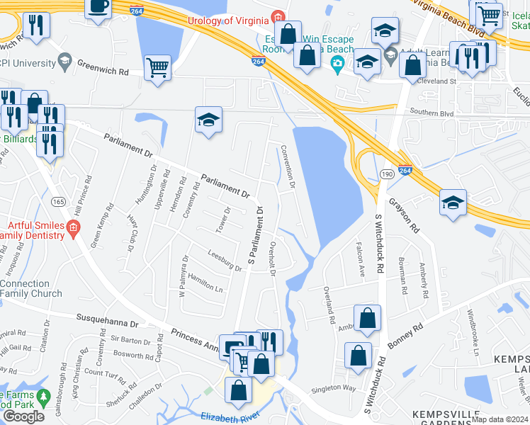 map of restaurants, bars, coffee shops, grocery stores, and more near 208 South Parliament Drive in Virginia Beach