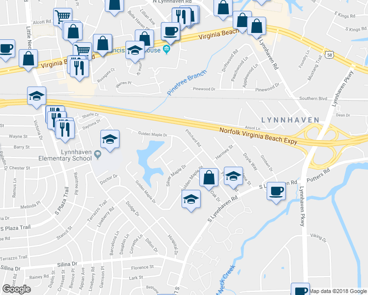 map of restaurants, bars, coffee shops, grocery stores, and more near 181 Golden Maple Drive in Virginia Beach