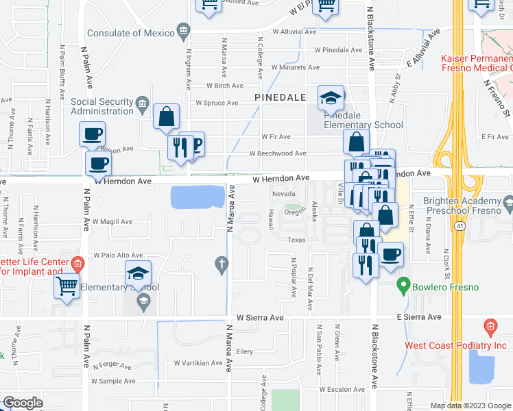 map of restaurants, bars, coffee shops, grocery stores, and more near 329 West Warner Avenue in Fresno