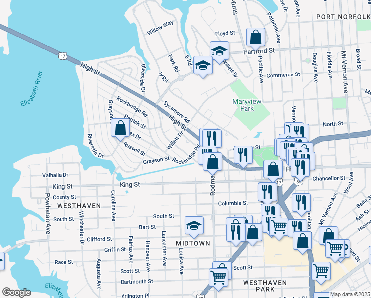 map of restaurants, bars, coffee shops, grocery stores, and more near 3650 Western Branch Boulevard in Portsmouth