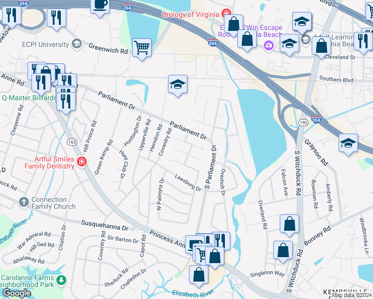 map of restaurants, bars, coffee shops, grocery stores, and more near 131 Tower Drive in Virginia Beach