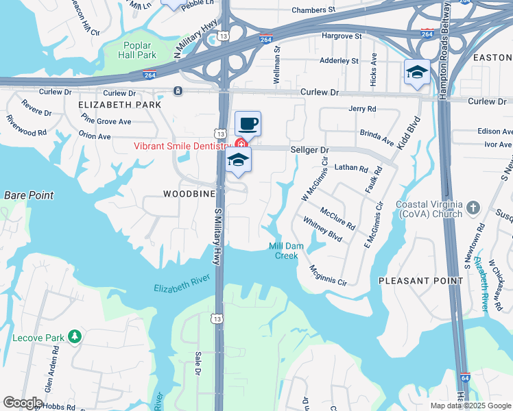 map of restaurants, bars, coffee shops, grocery stores, and more near 322 Pefley Drive in Norfolk