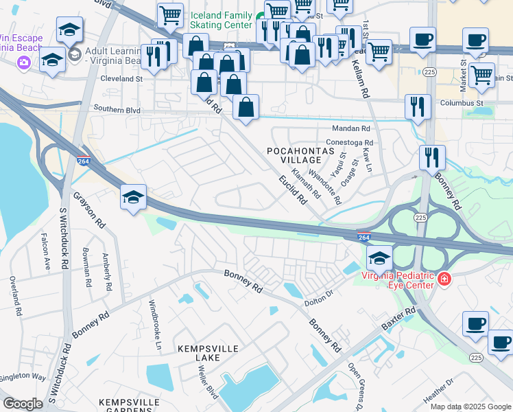 map of restaurants, bars, coffee shops, grocery stores, and more near 4933 Narragansett Drive in Virginia Beach