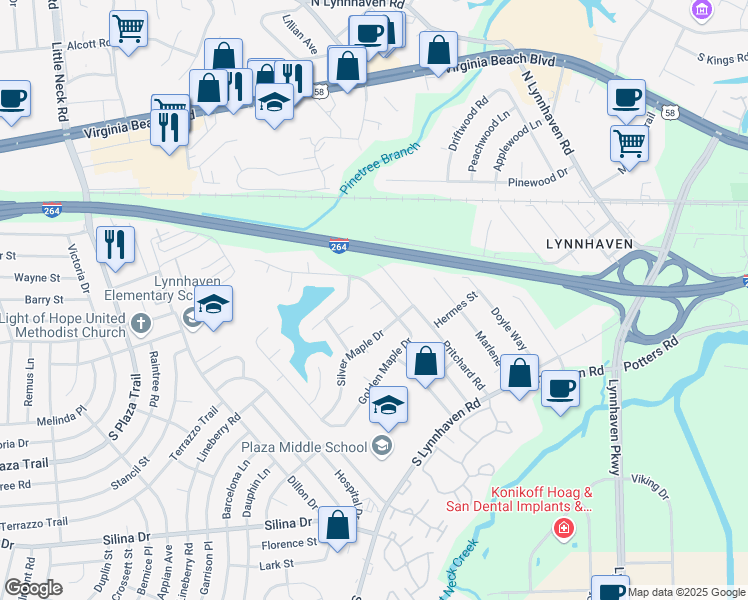 map of restaurants, bars, coffee shops, grocery stores, and more near 181 Golden Maple Drive in Virginia Beach