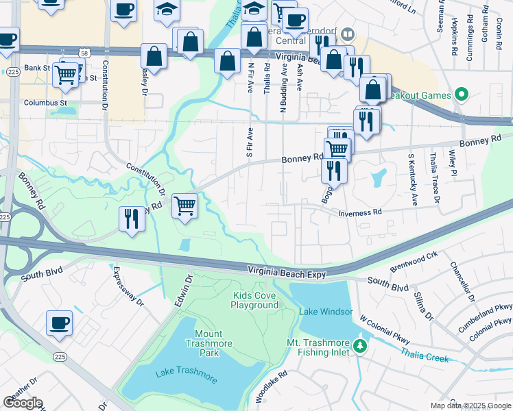 map of restaurants, bars, coffee shops, grocery stores, and more near 180 South Fir Avenue in Virginia Beach