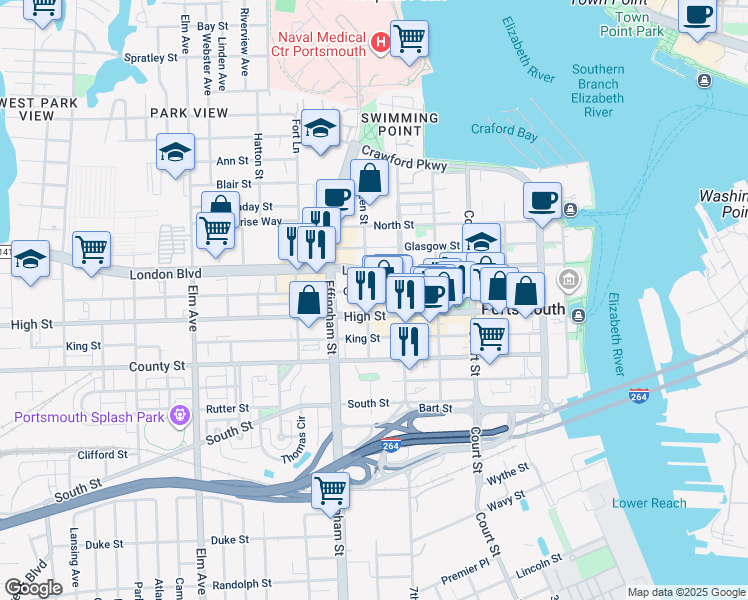 map of restaurants, bars, coffee shops, grocery stores, and more near 621 Queen Street in Portsmouth