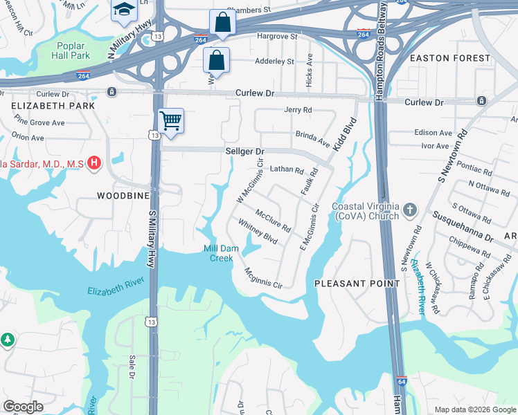 map of restaurants, bars, coffee shops, grocery stores, and more near 5911 McClure Road in Norfolk