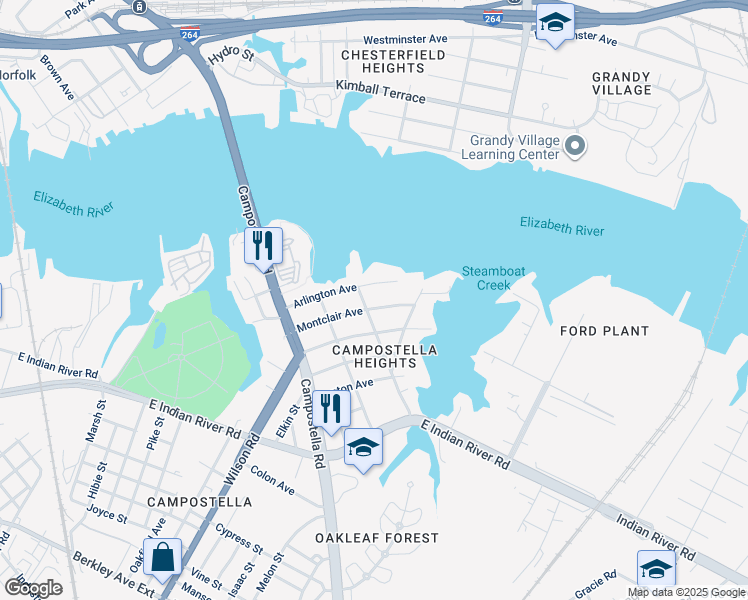 map of restaurants, bars, coffee shops, grocery stores, and more near 1904 Montclair Avenue in Norfolk