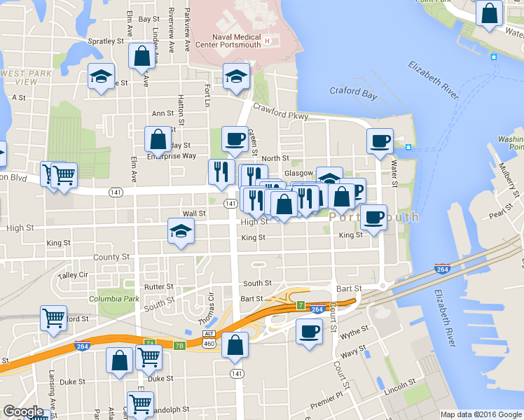 map of restaurants, bars, coffee shops, grocery stores, and more near 621 Queen Street in Portsmouth