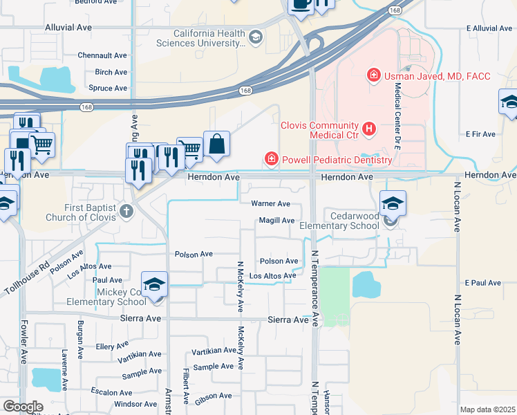 map of restaurants, bars, coffee shops, grocery stores, and more near 2458 Warner Avenue in Clovis