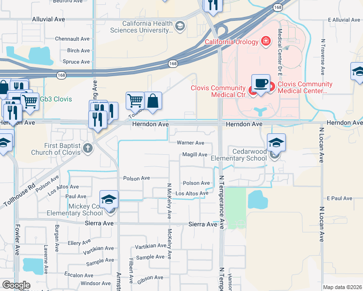 map of restaurants, bars, coffee shops, grocery stores, and more near 2458 Warner Avenue in Clovis