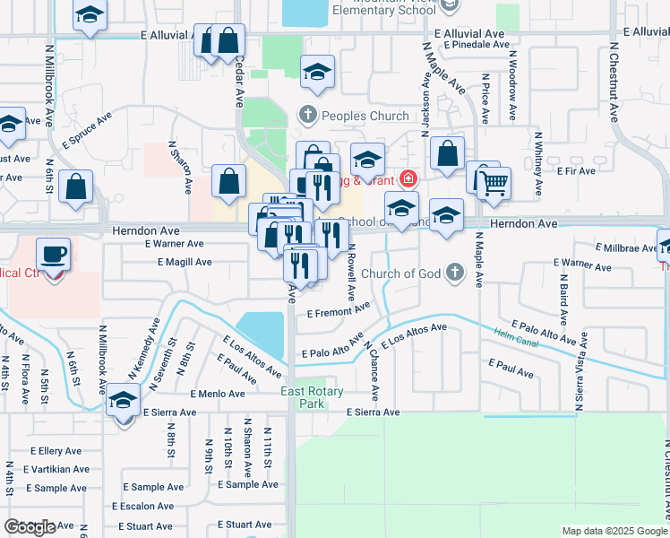 map of restaurants, bars, coffee shops, grocery stores, and more near 6688 North Cedar Avenue in Fresno