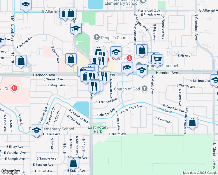 map of restaurants, bars, coffee shops, grocery stores, and more near 6867 North Rowell Avenue in Fresno