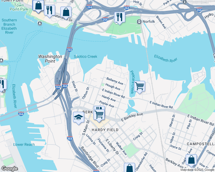 map of restaurants, bars, coffee shops, grocery stores, and more near 125 Hough Avenue in Norfolk