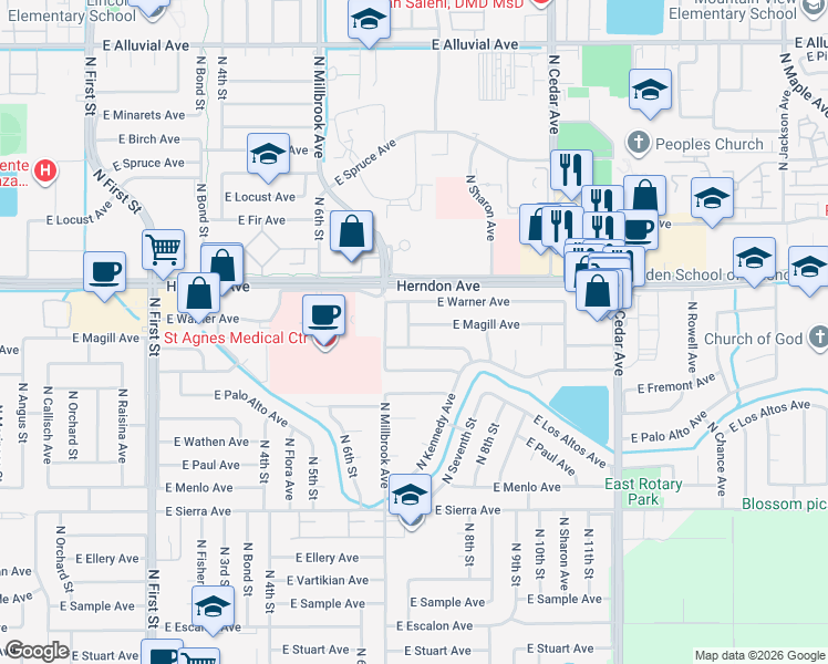 map of restaurants, bars, coffee shops, grocery stores, and more near 1480 East Fremont Avenue in Fresno