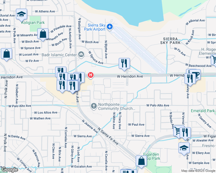 map of restaurants, bars, coffee shops, grocery stores, and more near 4536 West Palo Alto Avenue in Fresno