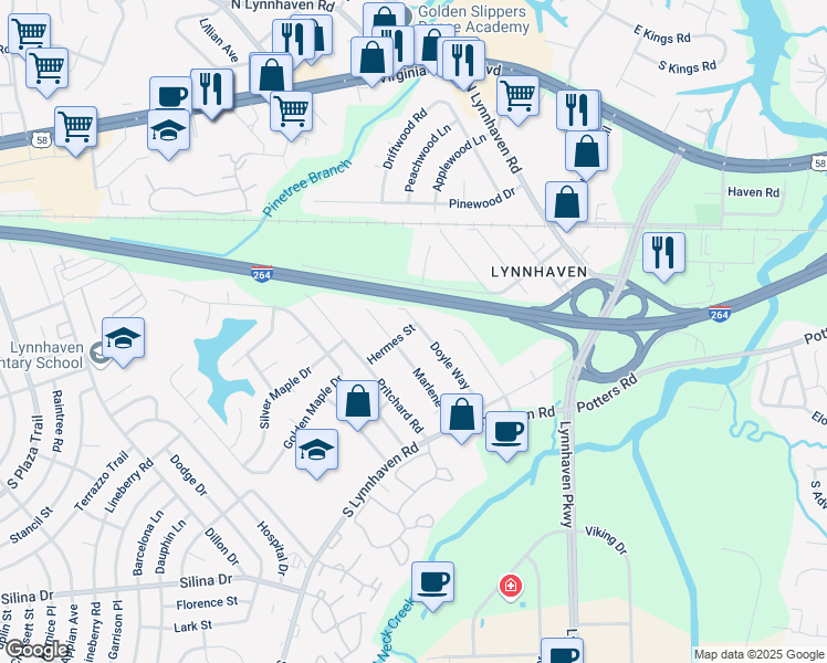map of restaurants, bars, coffee shops, grocery stores, and more near 2917 Hermes Street in Virginia Beach