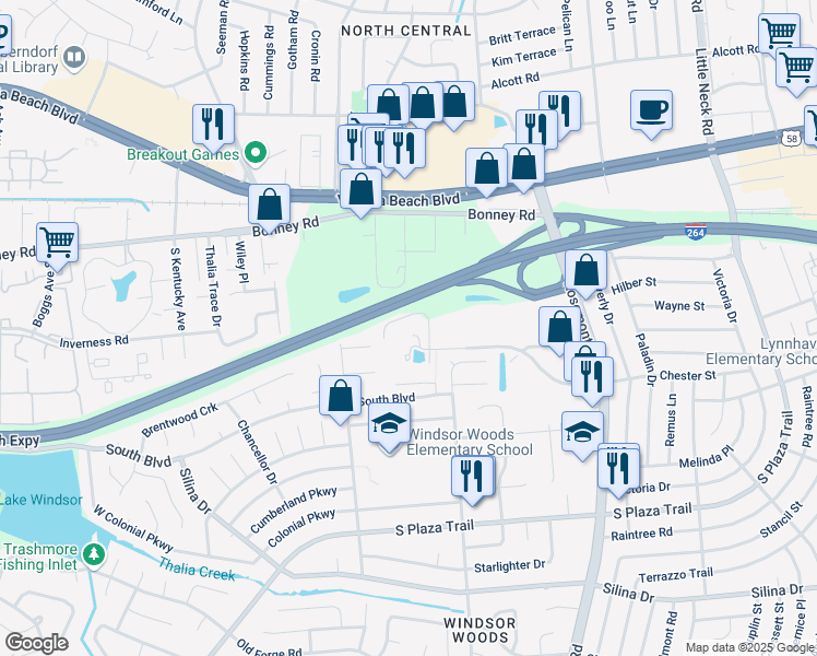 map of restaurants, bars, coffee shops, grocery stores, and more near 3751 Sentara Way in Virginia Beach