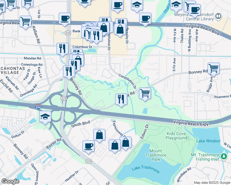 map of restaurants, bars, coffee shops, grocery stores, and more near 4436 Bonney Road in Virginia Beach