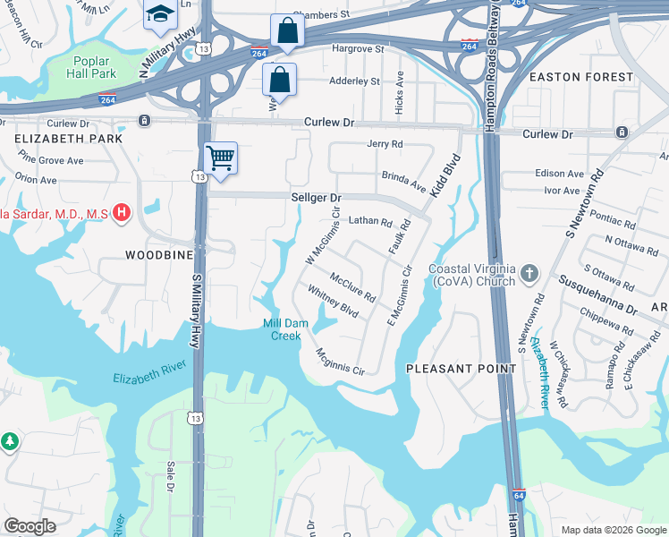 map of restaurants, bars, coffee shops, grocery stores, and more near 5911 McClure Road in Norfolk