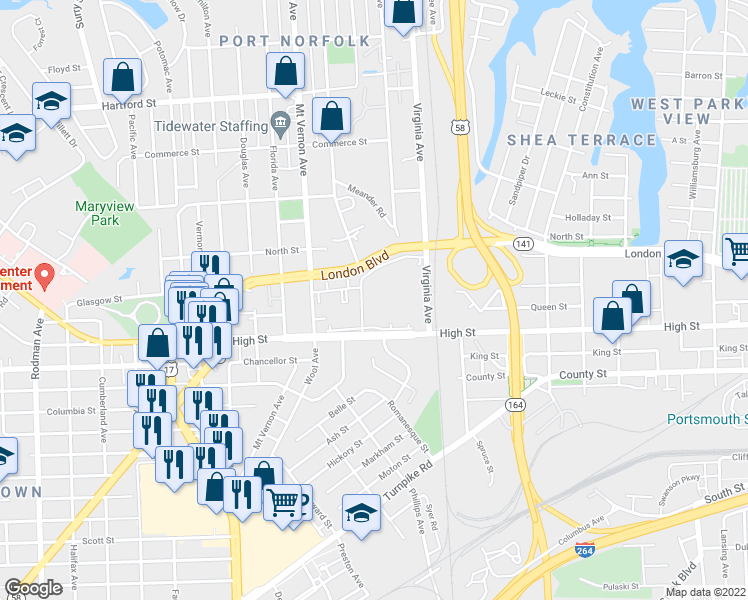 map of restaurants, bars, coffee shops, grocery stores, and more near 2680 High Street in Portsmouth