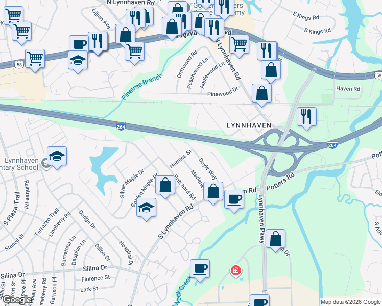 map of restaurants, bars, coffee shops, grocery stores, and more near 2917 Hermes Street in Virginia Beach