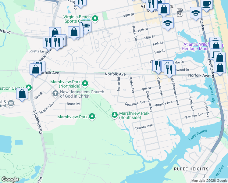 map of restaurants, bars, coffee shops, grocery stores, and more near 1000 Angler Lane in Virginia Beach