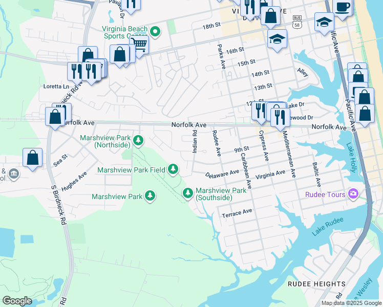 map of restaurants, bars, coffee shops, grocery stores, and more near 1007 Lands End Way in Virginia Beach