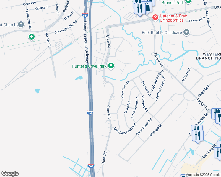 map of restaurants, bars, coffee shops, grocery stores, and more near 2740 Gum Road in Chesapeake