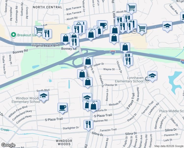 map of restaurants, bars, coffee shops, grocery stores, and more near 177 Waverly Drive in Virginia Beach