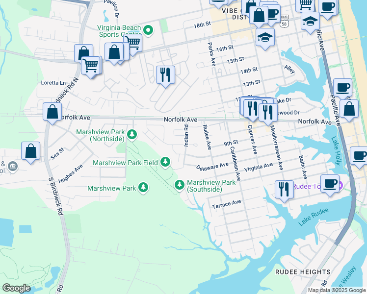 map of restaurants, bars, coffee shops, grocery stores, and more near 1009 Lands End Way in Virginia Beach