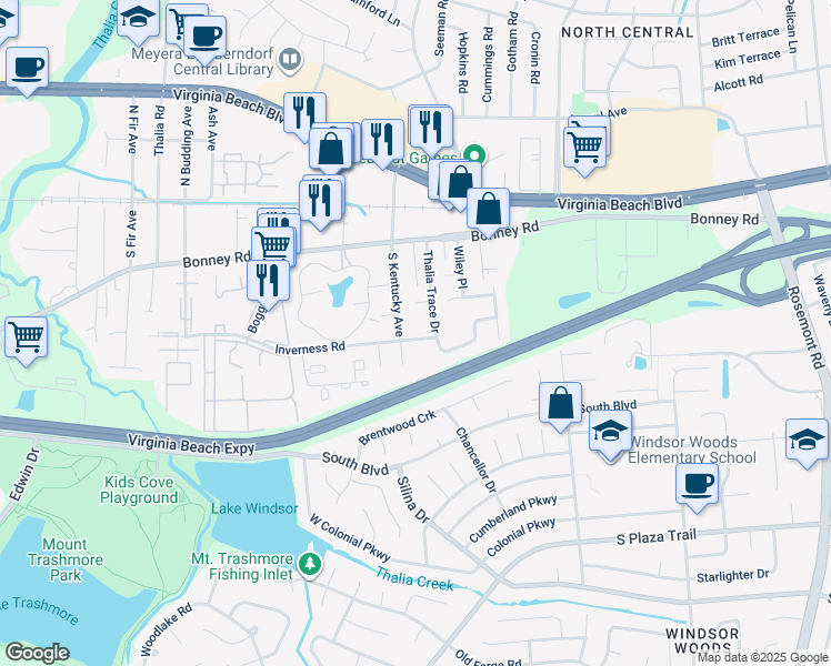 map of restaurants, bars, coffee shops, grocery stores, and more near 3908 Inverness Road in Virginia Beach